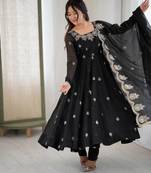 Black Roman Silk Embroidered Sequence Anarkali Set with Dupatta set 