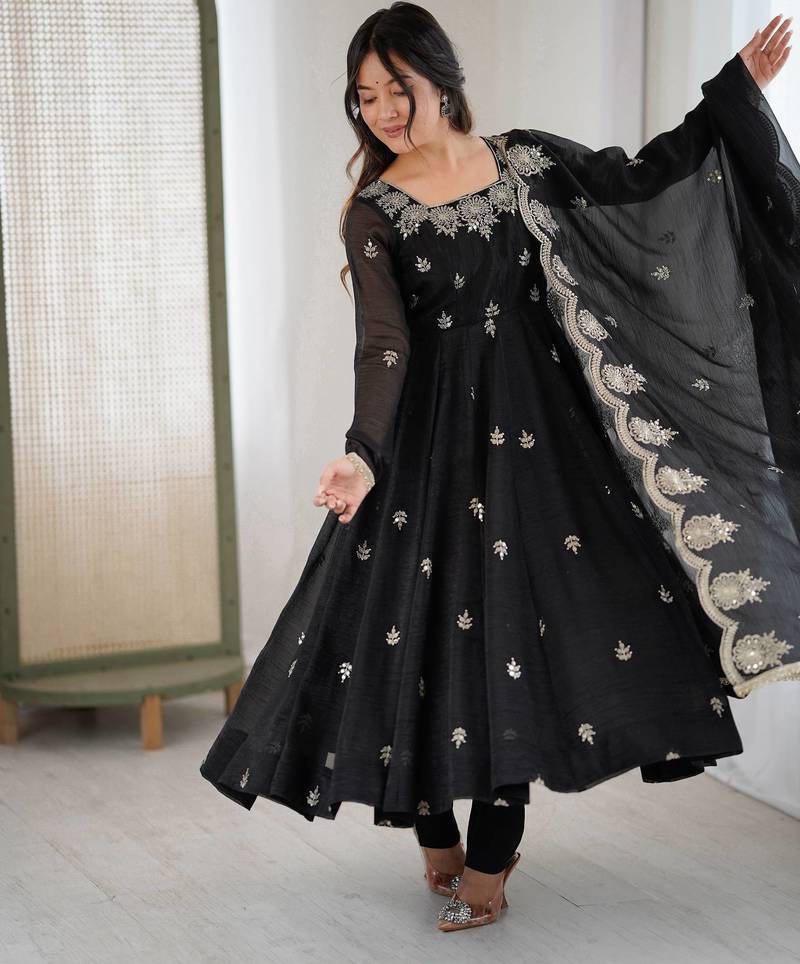 Black Roman Silk Embroidered Sequence Anarkali Set with Dupatta set 