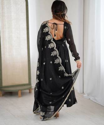 Black Roman Silk Embroidered Sequence Anarkali Set with Dupatta set  4