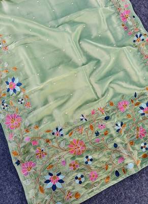 Light Green Color multicolor thread embroidery Work art silk saree 1