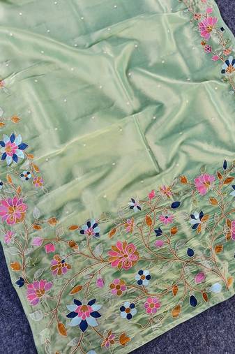 Light Green Color multicolor thread embroidery Work Silk Saree