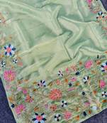 Light Green Color multicolor thread embroidery Work art silk saree