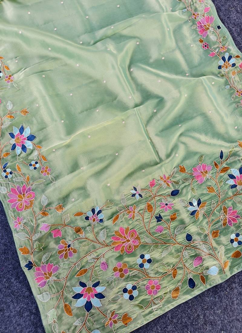 Light Green Color multicolor thread embroidery Work Silk Saree