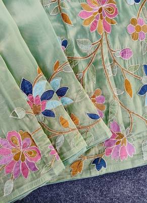 Light Green Color multicolor thread embroidery Work art silk saree 2