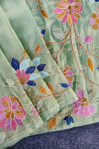 Light Green Color multicolor thread embroidery Work art silk saree