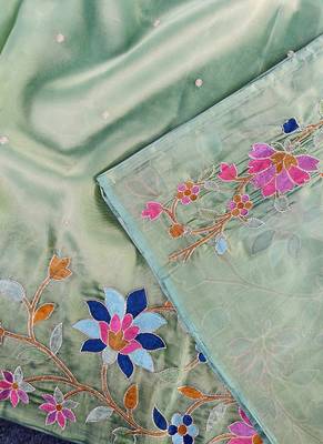Light Green Color multicolor thread embroidery Work art silk saree 3
