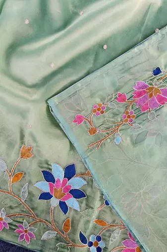 Light Green Color multicolor thread embroidery Work art silk saree