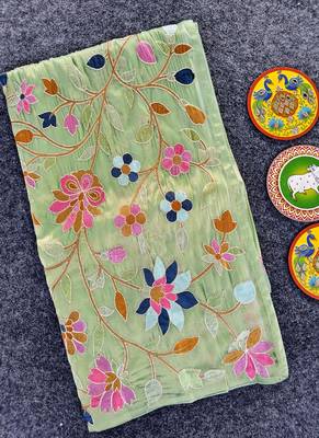 Light Green Color multicolor thread embroidery Work art silk saree 4