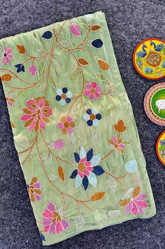 Light Green Color multicolor thread embroidery Work art silk saree