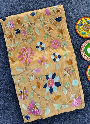 Light Yellow Color multicolor thread embroidery Work art silk saree 1