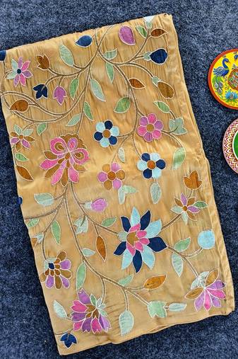 Light Yellow Color multicolor thread embroidery Work art silk saree