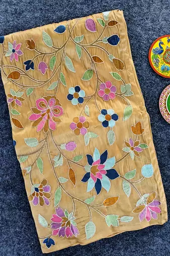 Light Yellow Color multicolor thread embroidery Work Silk Saree