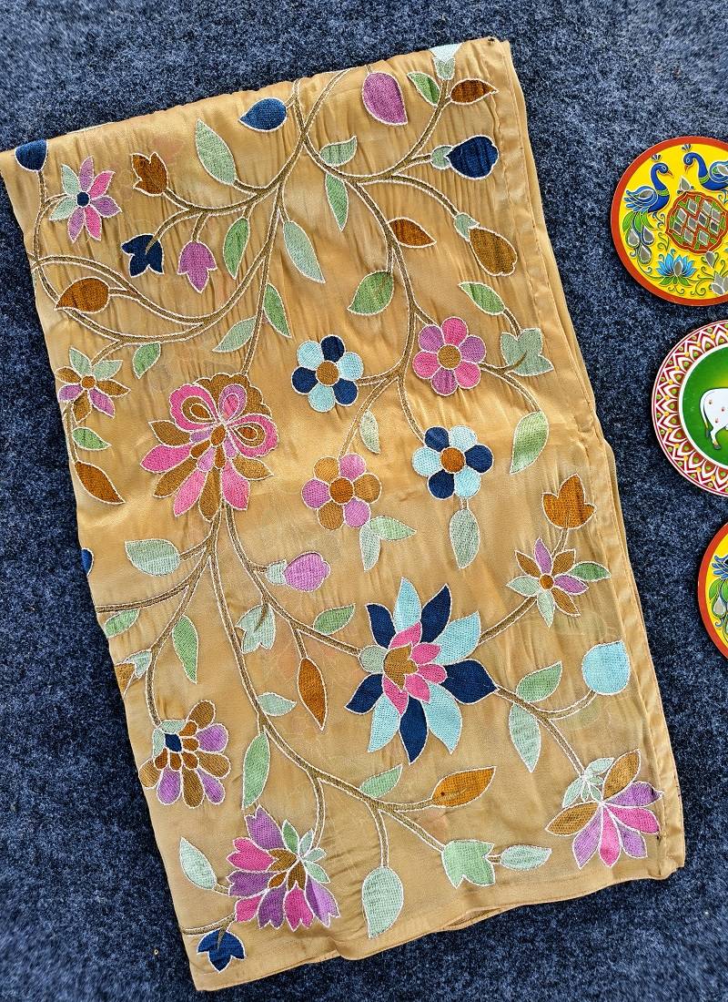 Light Yellow Color multicolor thread embroidery Work Silk Saree
