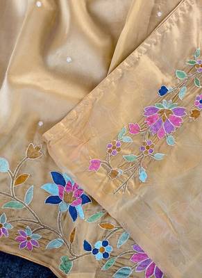 Light Yellow Color multicolor thread embroidery Work art silk saree 2