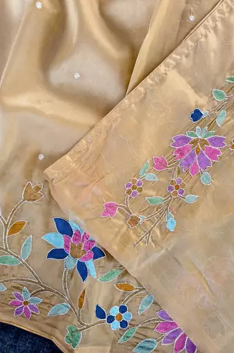 Light Yellow Color multicolor thread embroidery Work art silk saree