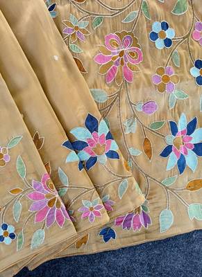 Light Yellow Color multicolor thread embroidery Work art silk saree 3