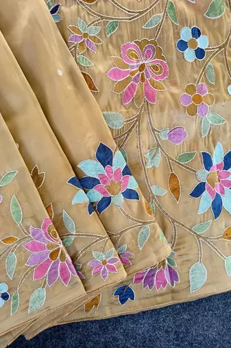 Light Yellow Color multicolor thread embroidery Work art silk saree
