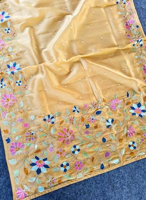 Light Yellow Color multicolor thread embroidery Work art silk saree 4