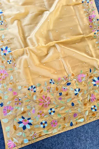 Light Yellow Color multicolor thread embroidery Work art silk saree