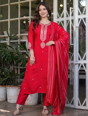 red embroidered kurta set 5