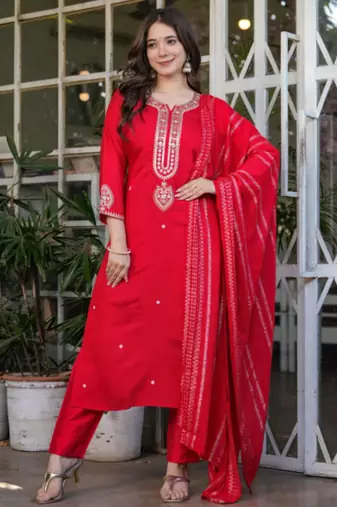 red embroidered kurta set