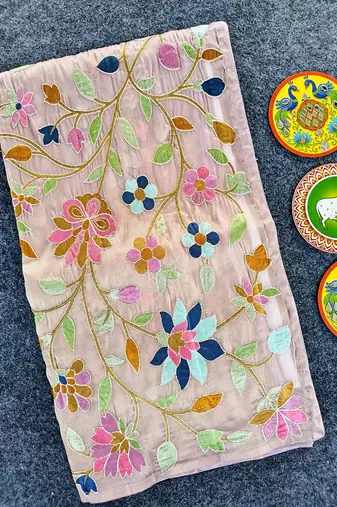 Lavender Color multicolor thread embroidery Work Silk Saree
