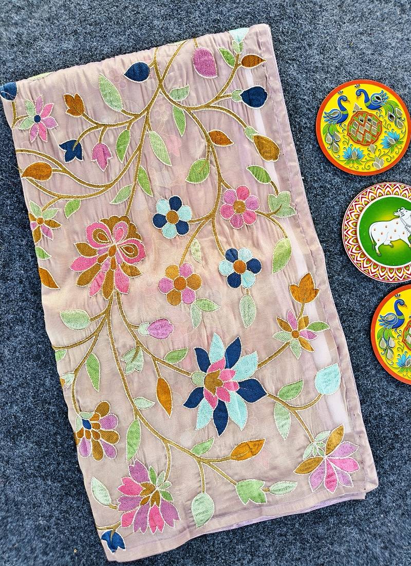 Lavender Color multicolor thread embroidery Work Silk Saree
