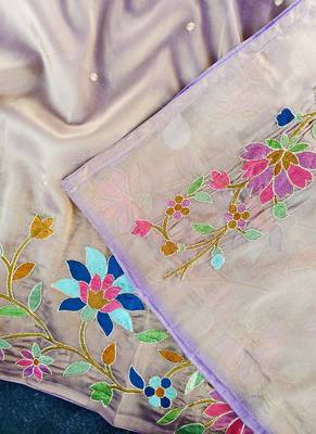 Lavender Color multicolor thread embroidery Work art silk saree 2