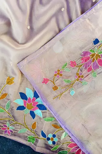 Lavender Color multicolor thread embroidery Work art silk saree