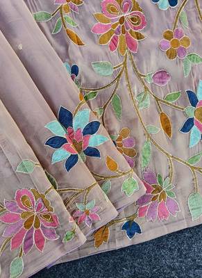 Lavender Color multicolor thread embroidery Work art silk saree 3