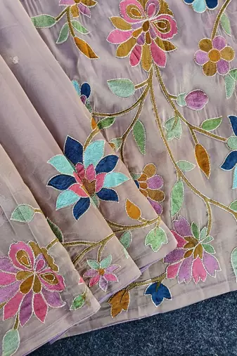 Lavender Color multicolor thread embroidery Work art silk saree