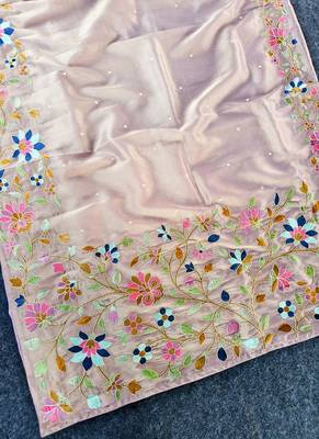 Lavender Color multicolor thread embroidery Work art silk saree 4
