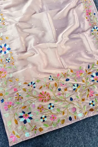 Lavender Color multicolor thread embroidery Work art silk saree