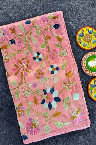 Pink Color multicolor thread embroidery Work Silk Saree
