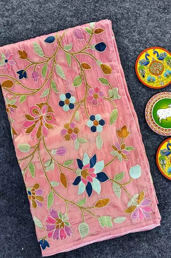 Pink Color multicolor thread embroidery Work Silk Saree
