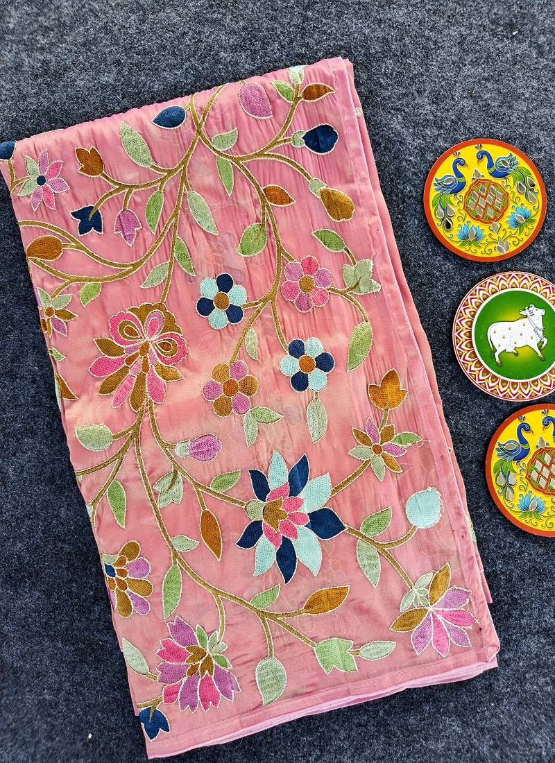 Pink Color multicolor thread embroidery Work Silk Saree