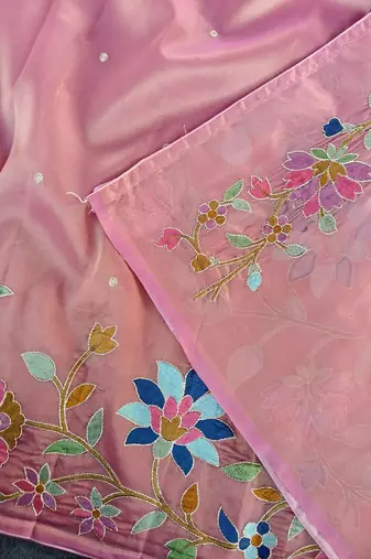 Pink Color multicolor thread embroidery Work art silk saree