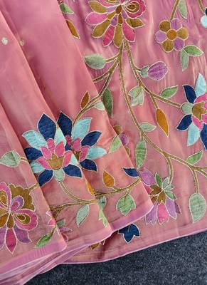Pink Color multicolor thread embroidery Work art silk saree 3