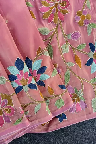 Pink Color multicolor thread embroidery Work art silk saree