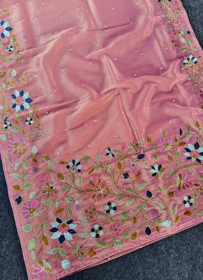 Pink Color multicolor thread embroidery Work art silk saree 4