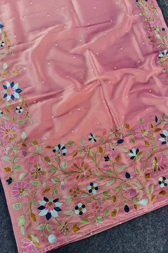 Pink Color multicolor thread embroidery Work art silk saree