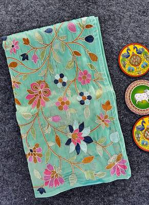 Sea Green Color multicolor thread embroidery Work art silk saree 1
