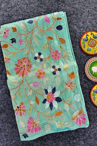 Sea Green Color multicolor thread embroidery Work Silk Saree