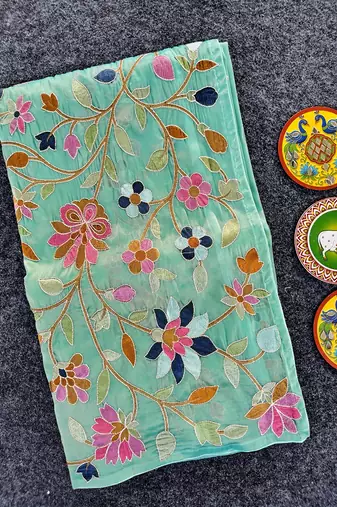 Sea Green Color multicolor thread embroidery Work Silk Saree