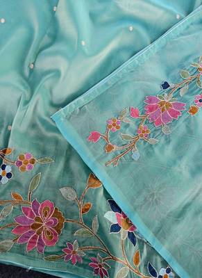 Sea Green Color multicolor thread embroidery Work art silk saree 2