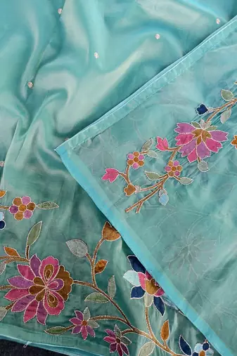 Sea Green Color multicolor thread embroidery Work art silk saree