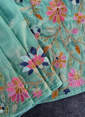 Sea Green Color multicolor thread embroidery Work art silk saree 3