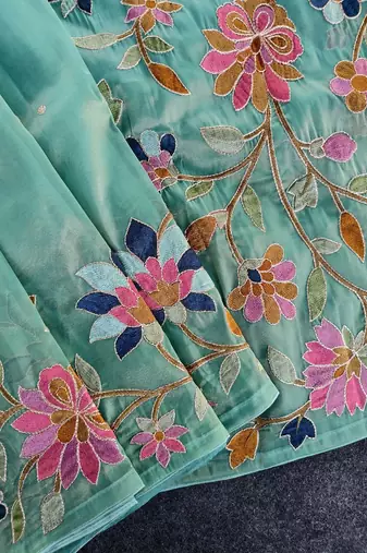 Sea Green Color multicolor thread embroidery Work art silk saree