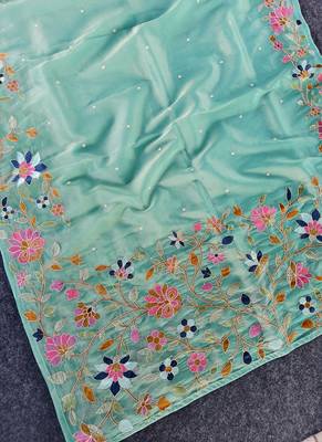 Sea Green Color multicolor thread embroidery Work art silk saree 4