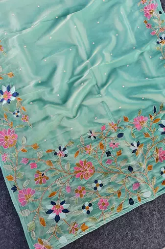 Sea Green Color multicolor thread embroidery Work art silk saree